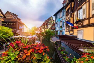 Colmar, Alsace, France. Petite Venice, water canal and traditional half timbered houses. Colmar is...