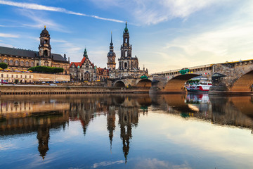 Dresden city skyline panorama at Elbe River and Augustus Bridge, Dresden, Saxony, Germany