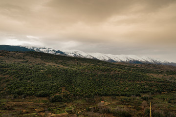 The mountains of Lebanon were once shaded by thick cedar forests and tree is the symbol of country. Beautiful landscape of mountainous town in winter, Eco tourism, Chouf district  with large vistas
