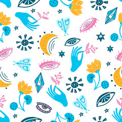 Vector seamless pattern with colorful alchemy and mystic signs eye, triangles, palms, moons, stars, astrology symbols hand drawn in lines. Bright modern ditsy print with geometric shapes in multicolor