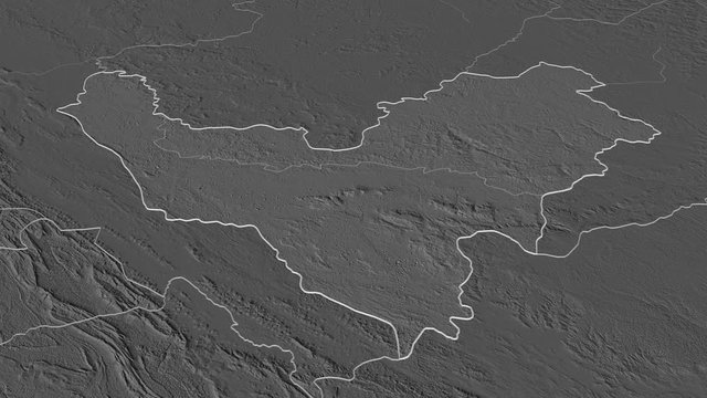 Bouenza, region with its capital, zoomed and extruded on the bilevel map of Congo Brazzaville in the conformal Stereographic projection. Animation 3D