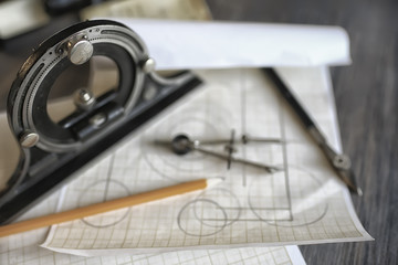 drawing tools, concept engineering project vintage / compass pencil paper education drafting