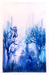 Dense forest in morning mist. Hand drawn watercolour woods. Wet on wet technique.