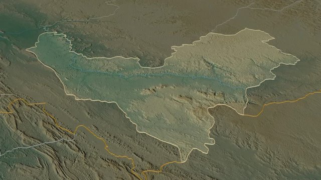 Bouenza, region with its capital, zoomed and extruded on the relief map of Congo Brazzaville in the conformal Stereographic projection. Animation 3D