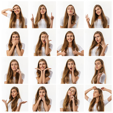 collage of portraits of beautiful woman with different positive and negative emotions on white background