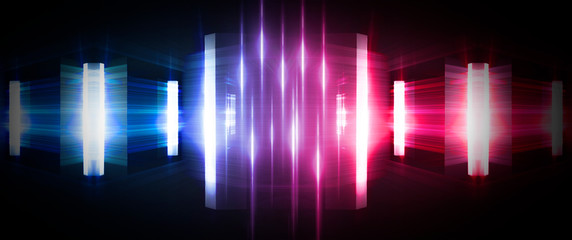 Light tunnel, dark long corridor room with neon lamps. Abstract blue and red neon, background with smoke and neon light. Concrete floor, symmetrical reflection and mirroring. 3D illustration.