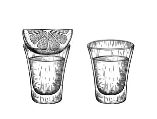 A shot of tequila and a slice of lemon. Vintage vector engraving illustration. - obrazy, fototapety, plakaty
