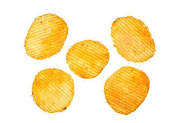 top view of potato chips isolated on white background