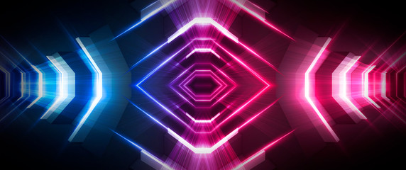 Obraz premium Light tunnel, dark long corridor room with neon lamps. Abstract blue and red neon, background with smoke and neon light. Concrete floor, symmetrical reflection and mirroring. 3D illustration.