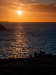 Naklejka na ściany i meble Silhouette of a family with dogs at sunset in Pembrokeshire, Wales