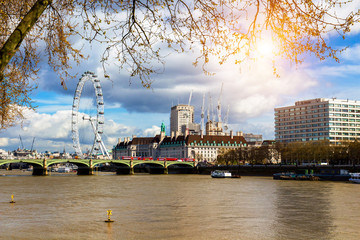 Cityscape of London including London Eye and Westminster Bridge on Thames River