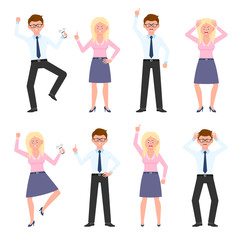 Angry, stressed, desperate, unhappy glasses man and blonde woman vector illustration. Shouting, pointing finger, talking on phone boy and girl cartoon character set on white