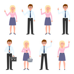 Happy, smiling glasses man and blonde woman vector illustration. Pointing finger, waving, standing front view with coffee, victory sign boy and girl cartoon character set on white