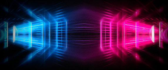 Light tunnel, dark long corridor room with neon lamps. Abstract blue and red neon, background with smoke and neon light. Concrete floor, symmetrical reflection and mirroring. 3D illustration.