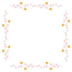 Fototapeta na wymiar Square frame with horizontal yellow leaves and red decorative elements on white background. Isolated frame for your design.