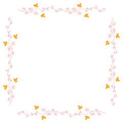 Square frame with horizontal yellow leaves and red decorative elements on white background. Isolated frame for your design.