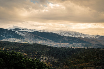 The mountains of Lebanon were once shaded by thick cedar forests and tree is the symbol of country. Beautiful landscape of mountainous town in winter, Eco tourism, Chouf district  with large vistas