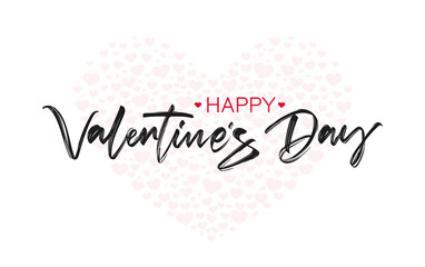 Handwritten brush ink lettering of Happy Valentines Day on hearts background.