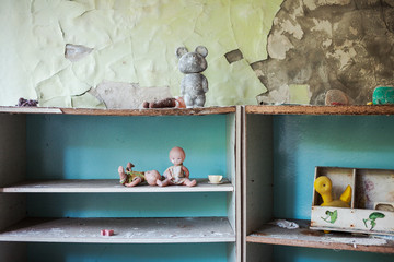 Toys on the shelf. Kindergarten Pripyat, Ukraine
