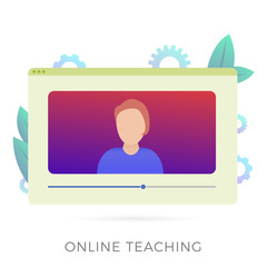 Online teaching, digital and distance online learning concept icon. Video tutorials and online testing with woman character making a online conferences video call. Vector isolated on white background