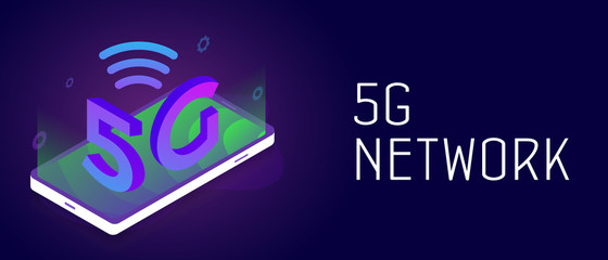 5G Network - new wireless global mobile system with high speed network and internet connection. Smartphone and 3d isometric 5G symbol. Header and footer banner template with text.