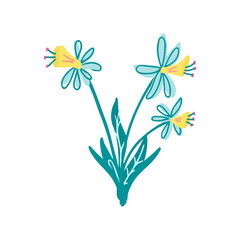 Three daffodil flowers. Great for Easter greeting cards. Hand drawn vector illustration isolated on white background.