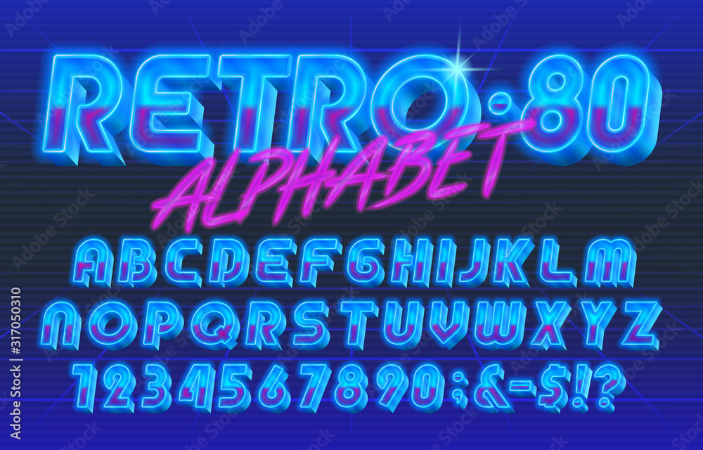 Fototapete 80s retro alphabet font. glowing 3d letters and numbers. stock vector typescript for your typography