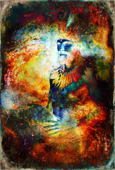 Fototapeta na wymiar beautiful shamanic man with headband and necklace on abstract structured space background.