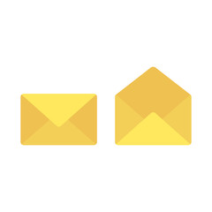 Yellow envelope, open and closed cartoon icon set. Colorful mail paper letter.