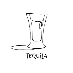 Shot tequila. Graphic art. Drink element. Black white. Retro glass tequila hand draw, design for any purposes. Restaurant illustration. Simple sketch. Isolated on white background in engraving style