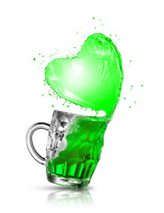 Beer splash in the shape of shamrock leaf.