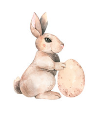 Happy Easter. Cute bunny and easter egg. Rabbit character with long ears. Watercolor botanical illustration. Perfect for invitations, greeting cards, posters, packing