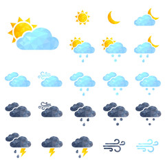 Vector weather icons set. Polygonal weather icons. Sun, cloud, rain, wind triangle icons set. 