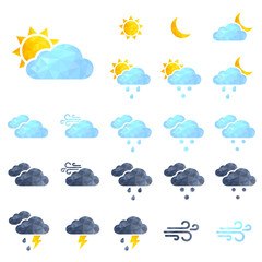 Obraz premium Vector weather icons set. Polygonal weather icons. Sun, cloud, rain, wind triangle icons set. 
