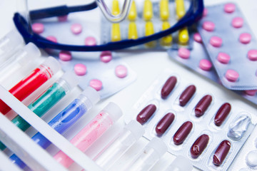 pills and test tubes. The concept of research on vaccination, pharmacology and biotechnology of drugs. science and medicine.