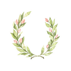 Watercolor illustration. Hello spring! Laurel Wreath. Floral design elements with green branches and pink roses. Perfect for wedding invitations, greeting cards, blogs, logos, prints and more