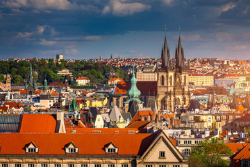 Prague red roofs and dozen spires of historical Old Town of Prague. Cityscape of Prague on a sunny...