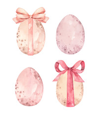Happy Easter. Pink and beige eggs with bows. Watercolor illustrations. Perfect for invitations, greeting cards, posters, packing