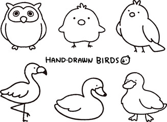 A set of cute birds with black outline