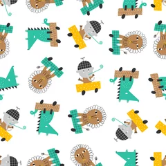 Foto auf Acrylglas Nahtloses Muster mit niedlichen Autos, Löwen, Elefanten und Alligatoren. Perfekt für Kinderstoffe, Textilien, Kindertapeten. Vektor-Illustration. © bukhavets