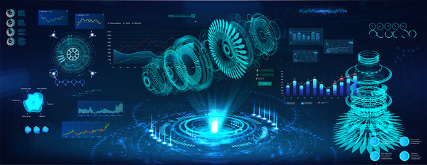 Futuristic Hologram 3d objects, turbine and jet engine. Cad x-ray project. Mechanical scheme HUD style. Dashboard interface future engineering with Modern interface Sky-fi. Vector illustration