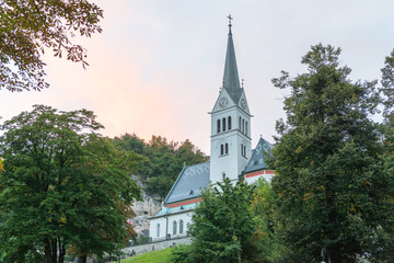 Picturesque church on the shore of Lake Bled at sunset, Slovenia