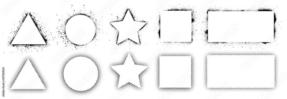 Poster Geometric shapes and frames painted by spray paint, ink splatter texture and stencils border. Shapes triangle, circle, square, rectangle and star. Wall graffiti template and pop art style. Vector set