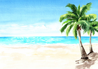 Seascape.Tropical beach with sea, white sand and palm trees, summer vacation concept and background. Hand drawn watercolor illustration © dariaustiugova