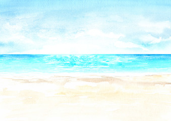 Seascape.Tropical beach with sea, blue sky and white sand, summer vacation concept and background. Hand drawn watercolor illustration © dariaustiugova