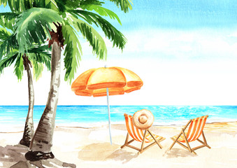 Seascape.Tropical beach with sea, white sand, palms, sun loungers and a beach umbrella, summer vacation concept and background, Hand drawn watercolor illustration