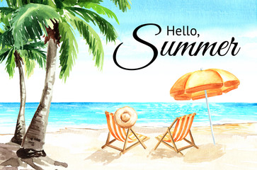 Seascape.Tropical beach with sea, white sand, palms, sun loungers and a beach umbrella, summer vacation concept and card. Hand drawn watercolor illustration