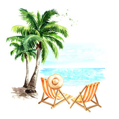 Sun loungers, sun hat and palm trees, summer vacation concept. Hand drawn watercolor illustration isolated on white background © dariaustiugova