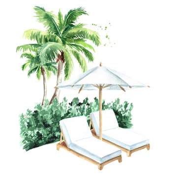 Sun Loungers And Palm Trees, Summer Vacation Concept. Hand Drawn Watercolor Illustration Isolated On White Background