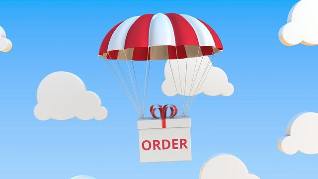 Box with ORDER falls with a parachute. Loopable conceptual 3D animation